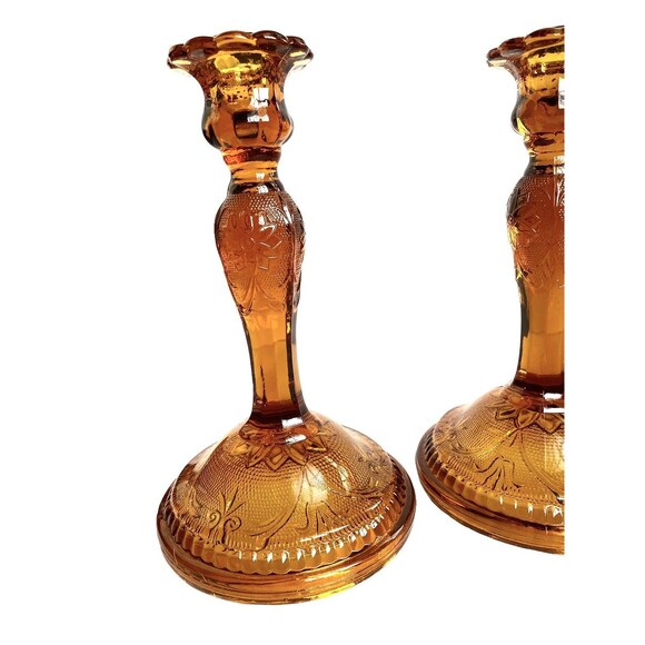 Vtg CandleSticks Tiara Amber Indiana Glass Sandwich1940 8.5"candle holder set 2 - Picture 6 of 16
